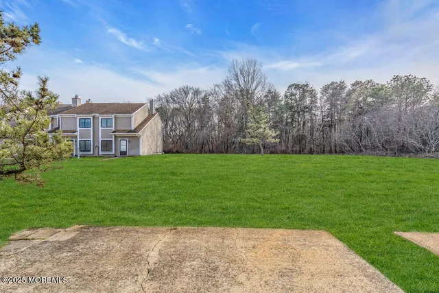 a view of a house with a yard and potted plants
