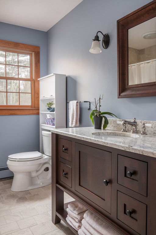 32 Blanchard Road Grafton, MA 01519 - Photo 23 of 30 a bathroom with a granite countertop sink mirror vanity and toilet