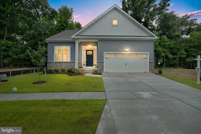 a front view of a house with a yard and trees