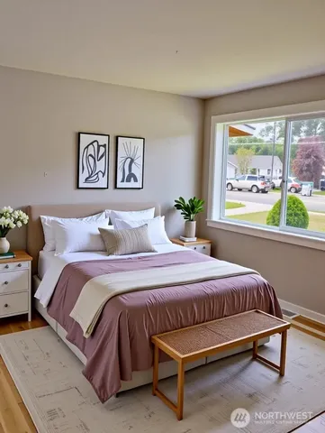 a bedroom with a bed and a window