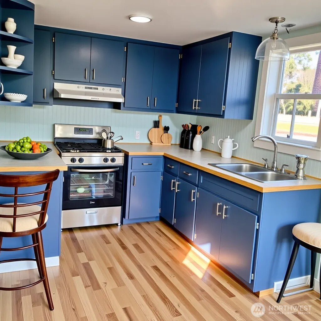 14607 Union Avenue Southwest Lakewood, WA 98498 - Photo 9 of 40 a kitchen with stainless steel appliances granite countertop a stove a sink dishwasher and cabinets with wooden floor