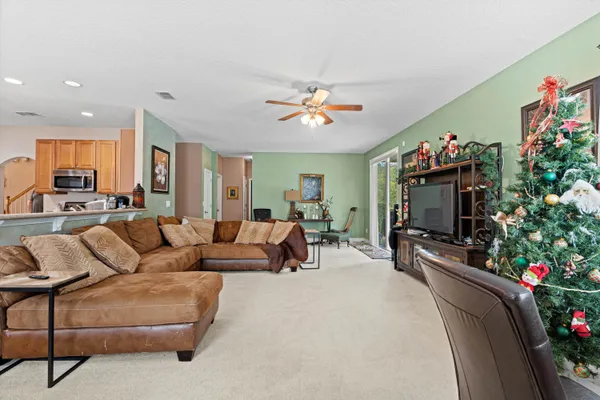 a living room with furniture a flower pot and a fireplace