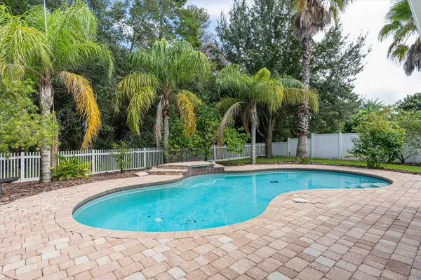 a view of a backyard with swimming pool