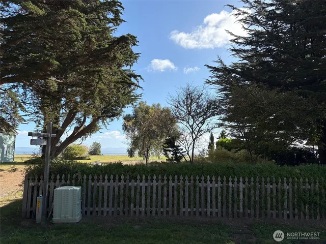 a view of a yard with iron fence