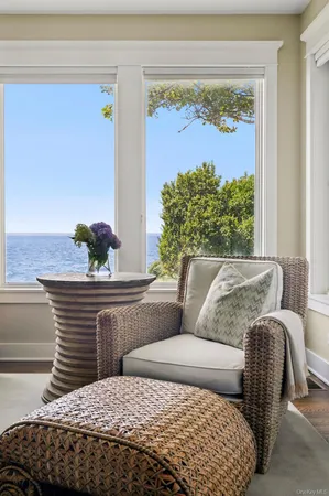 a living room with a couch and a potted plant