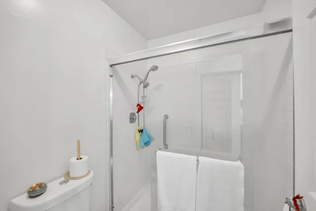 a bathroom with a shower and toilet