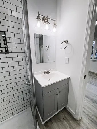 a bathroom with a sink a mirror and a shower