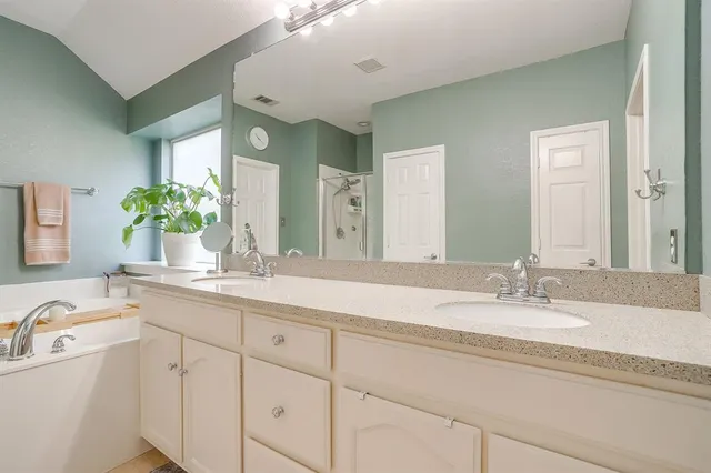 a bathroom with a double vanity sink and a mirror