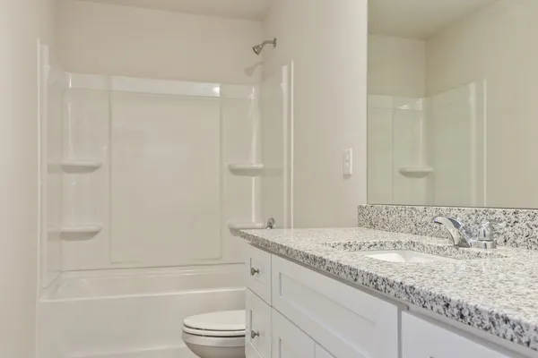 a bathroom with a granite countertop sink a toilet and shower