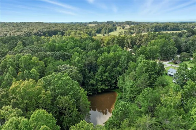an aerial view of residential houses with outdoor space and trees