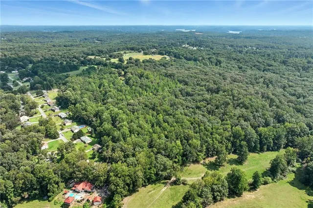an aerial view of residential houses with outdoor space and trees