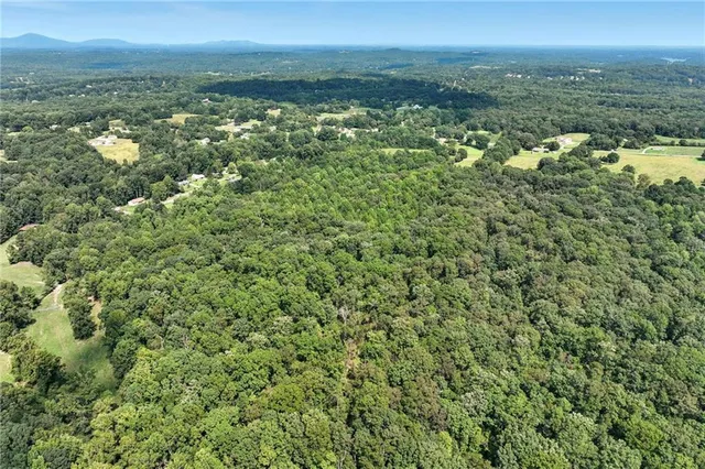 an aerial view of residential houses with outdoor space and trees