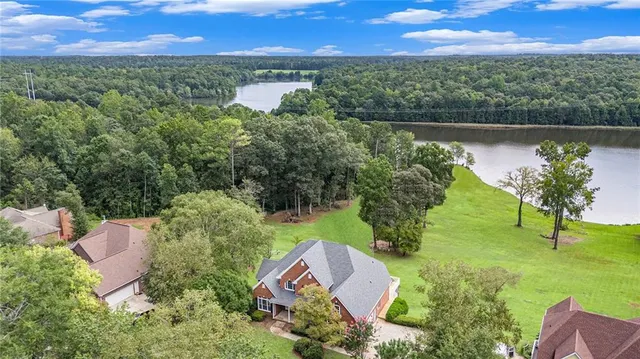 an aerial view of green landscape with trees houses and mountain view