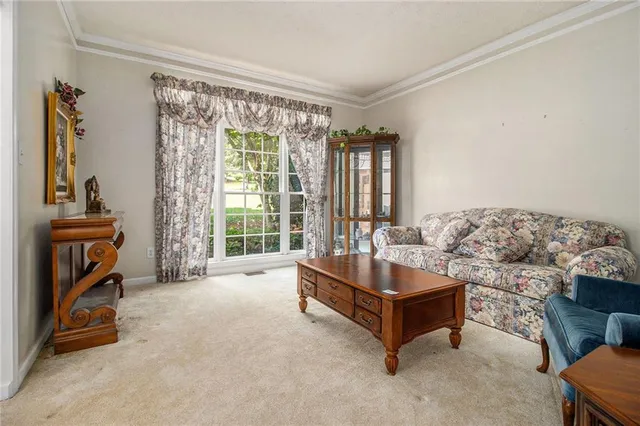 a living room with furniture a fireplace and a chandelier