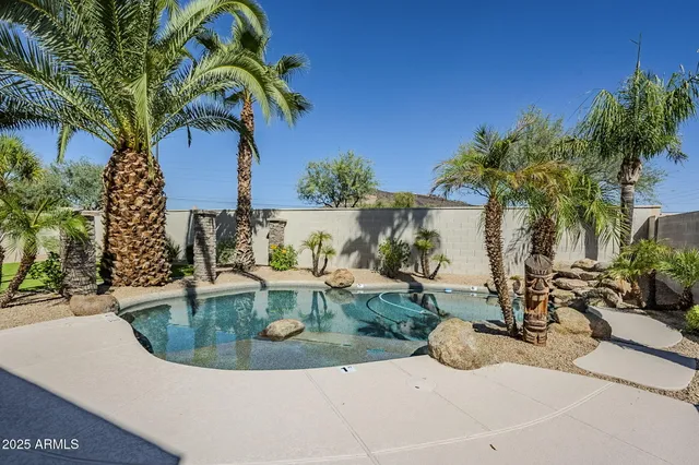a view of a swimming pool with a yard