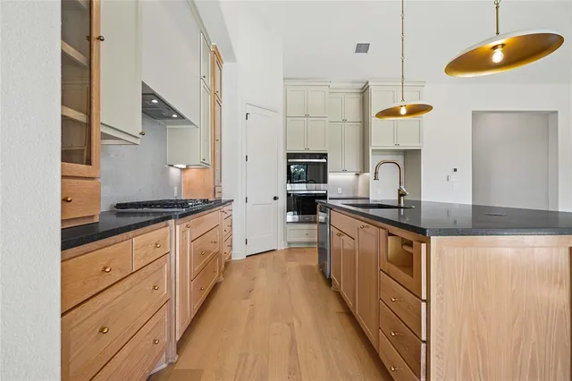 a large kitchen with stainless steel appliances granite countertop a lot of counter space and a sink