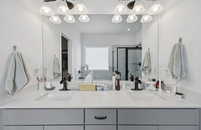 a bathroom with a sink double vanity and a mirror