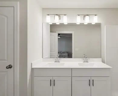a bathroom with a sink double vanity and a mirror