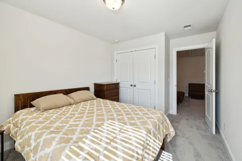 a bedroom with a bed and a walk in closet