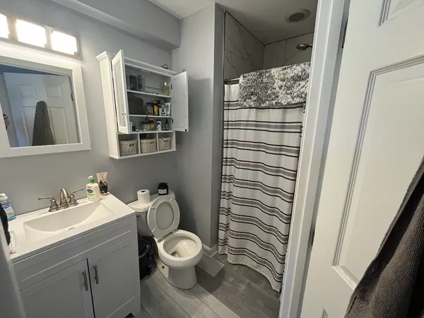 a bathroom with a sink toilet and shower