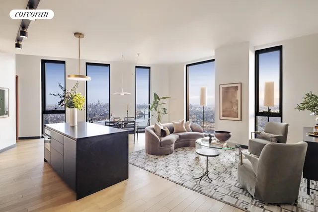 a living room with furniture and large windows