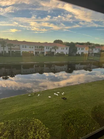 a view of a lake with houses in the background
