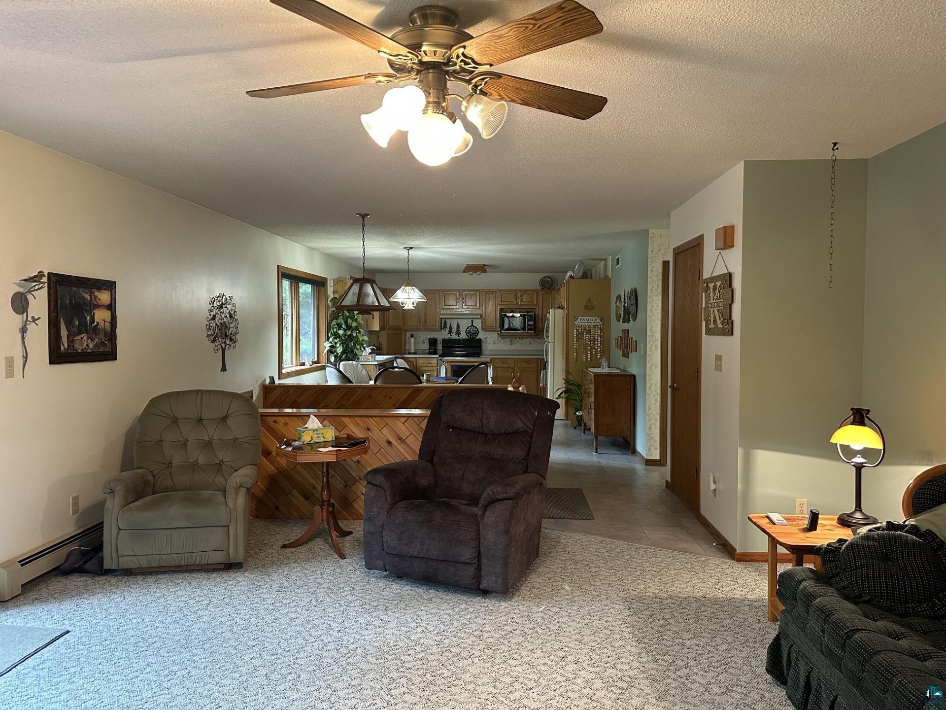 81 Hautaluoma Road Esko, MN 55733 - Photo 6 of 43 Open-concept living space featuring a ceiling fan, wall-to-wall carpeting, and wood-finish trim around a window