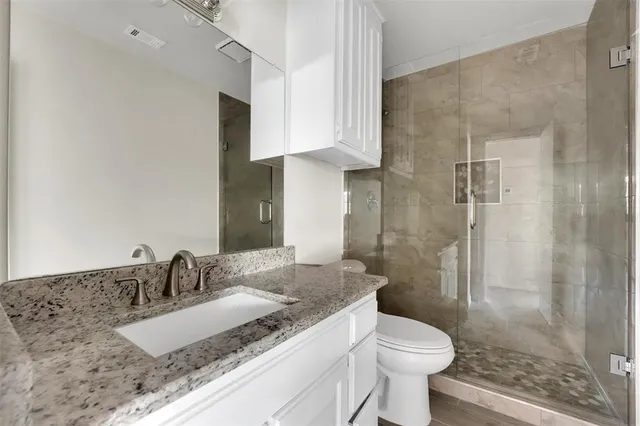 a bathroom with a granite countertop sink toilet and shower