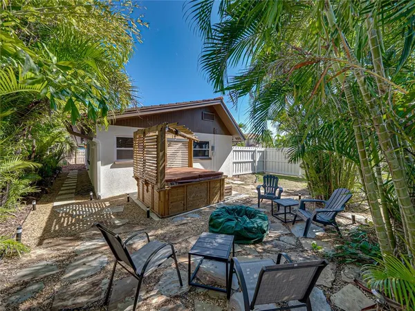a view of a backyard with sitting area and fire pit