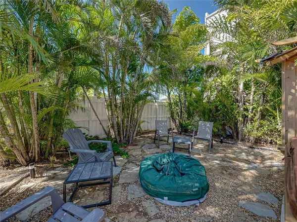 a backyard of a house with table and chairs