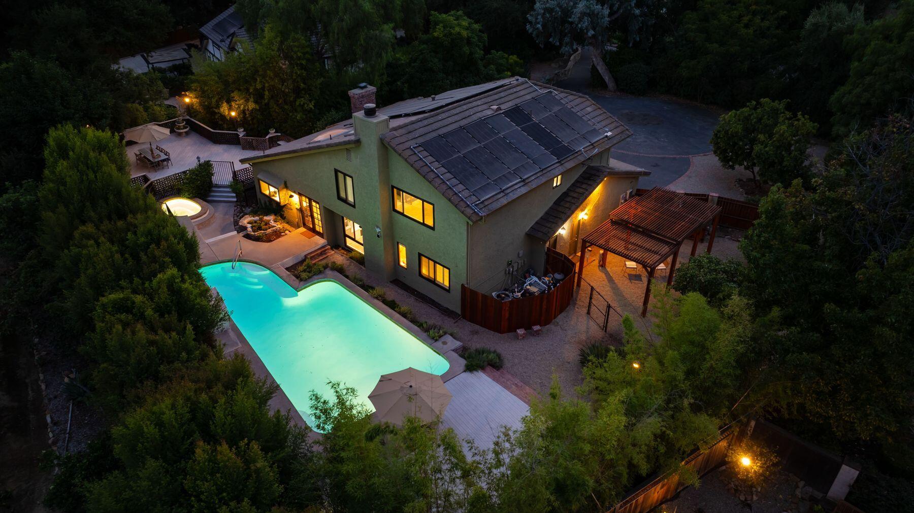 1270 Foothill Road Ojai, CA 93023 - Photo 44 of 47 an aerial view of a house with a yard swimming pool and outdoor seating