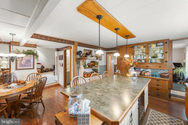 a view of a dining room with furniture