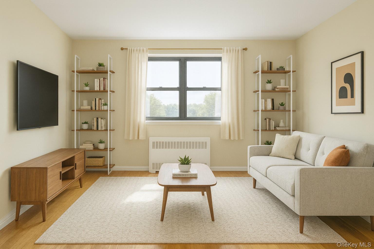 Virtually staged Living Room.