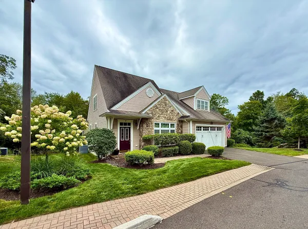 a front view of a house with a yard and potted plants