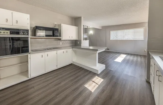 a kitchen with granite countertop cabinets stainless steel appliances and a window