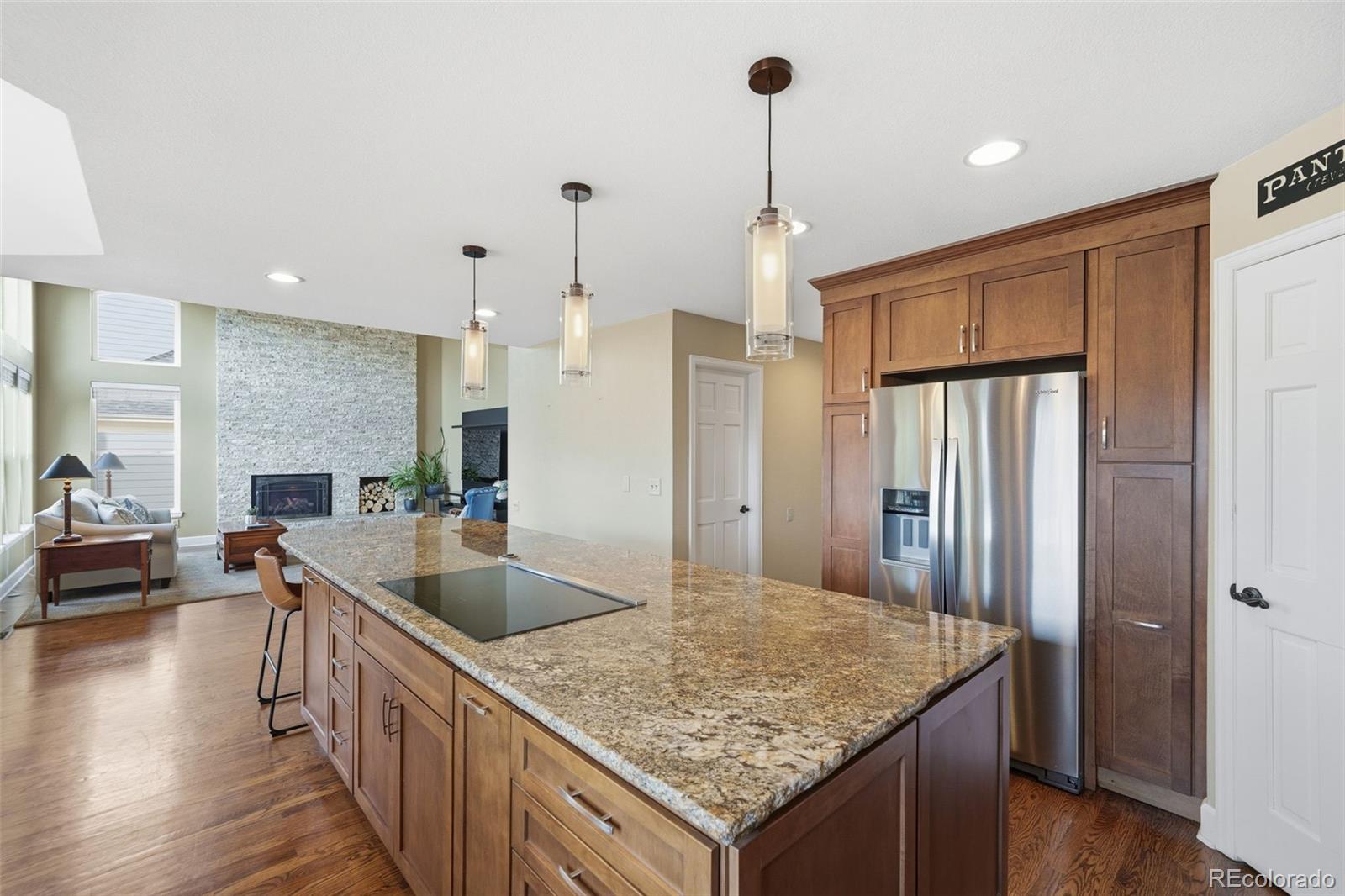 6879 Ingleton Drive Castle Pines, CO 80108 - Photo 18 of 50 a kitchen with stainless steel appliances granite countertop a sink a refrigerator and a wooden floors