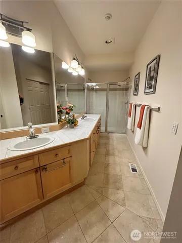 a bathroom with a sink a mirror and a shower