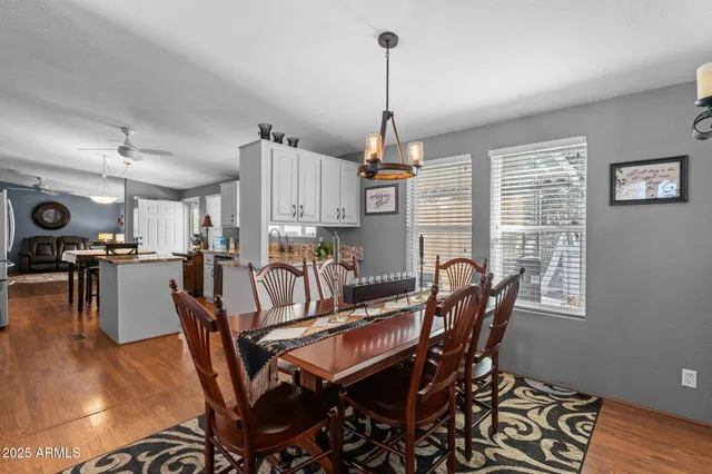 a view of a dining room with furniture