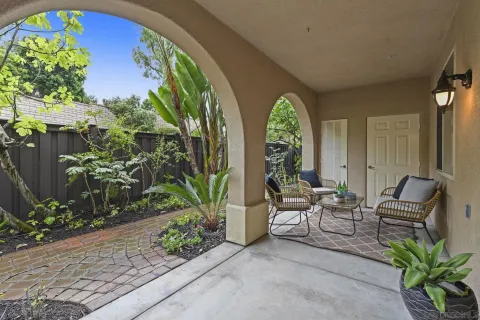 a view of two chairs with potted plants