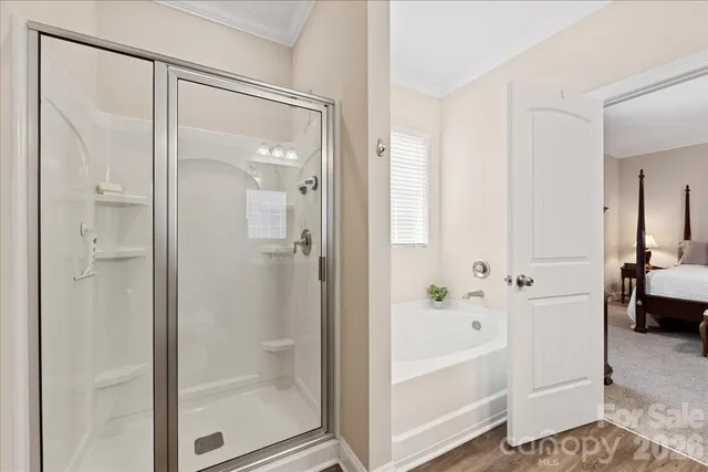 a bathroom with a bathtub and a shower