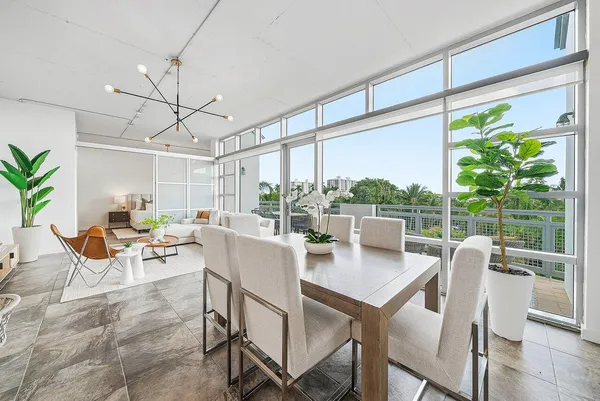 a view of a dining room with furniture window and outside view