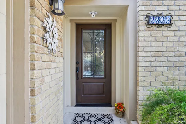 a door with a bench in front of door
