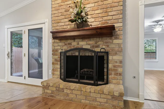 a living room with a fireplace