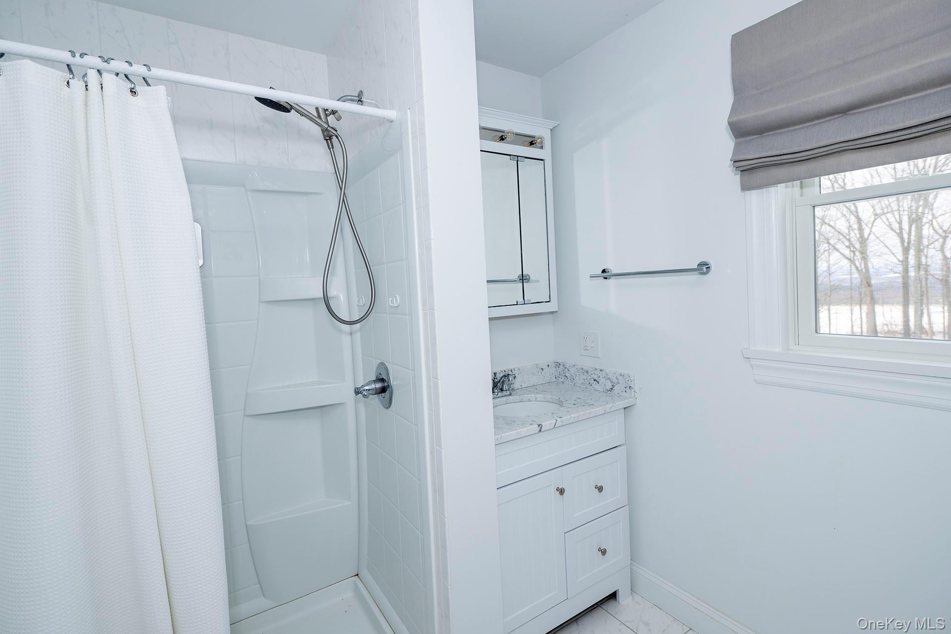 692 Bangall Road Millbrook, NY 12545 - Photo 20 of 30 a bathroom with a granite countertop shower mirror and a sink