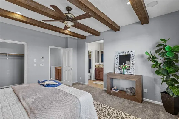 a bedroom with furniture and a potted plant