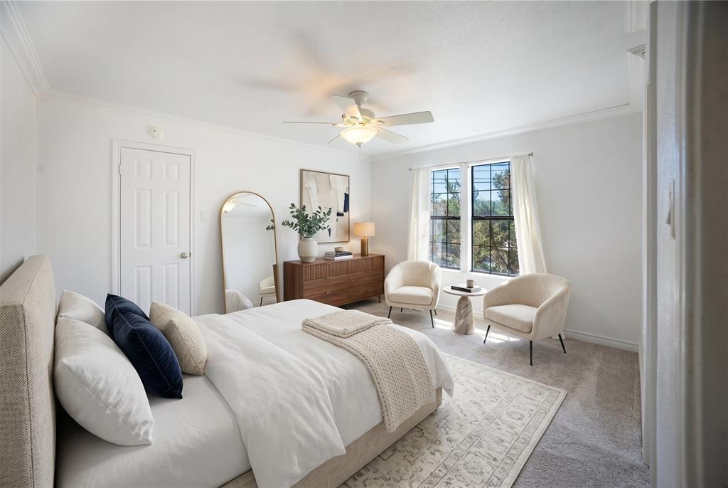 2835 Keller Springs Road, Unit 808 Carrollton, TX 75006 - Photo 6 of 16 Carpeted bedroom featuring crown molding and a multi-pane window with white drapes