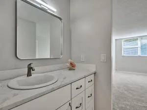 a bathroom with a granite countertop sink and a mirror