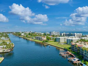 a view of a lake with a city