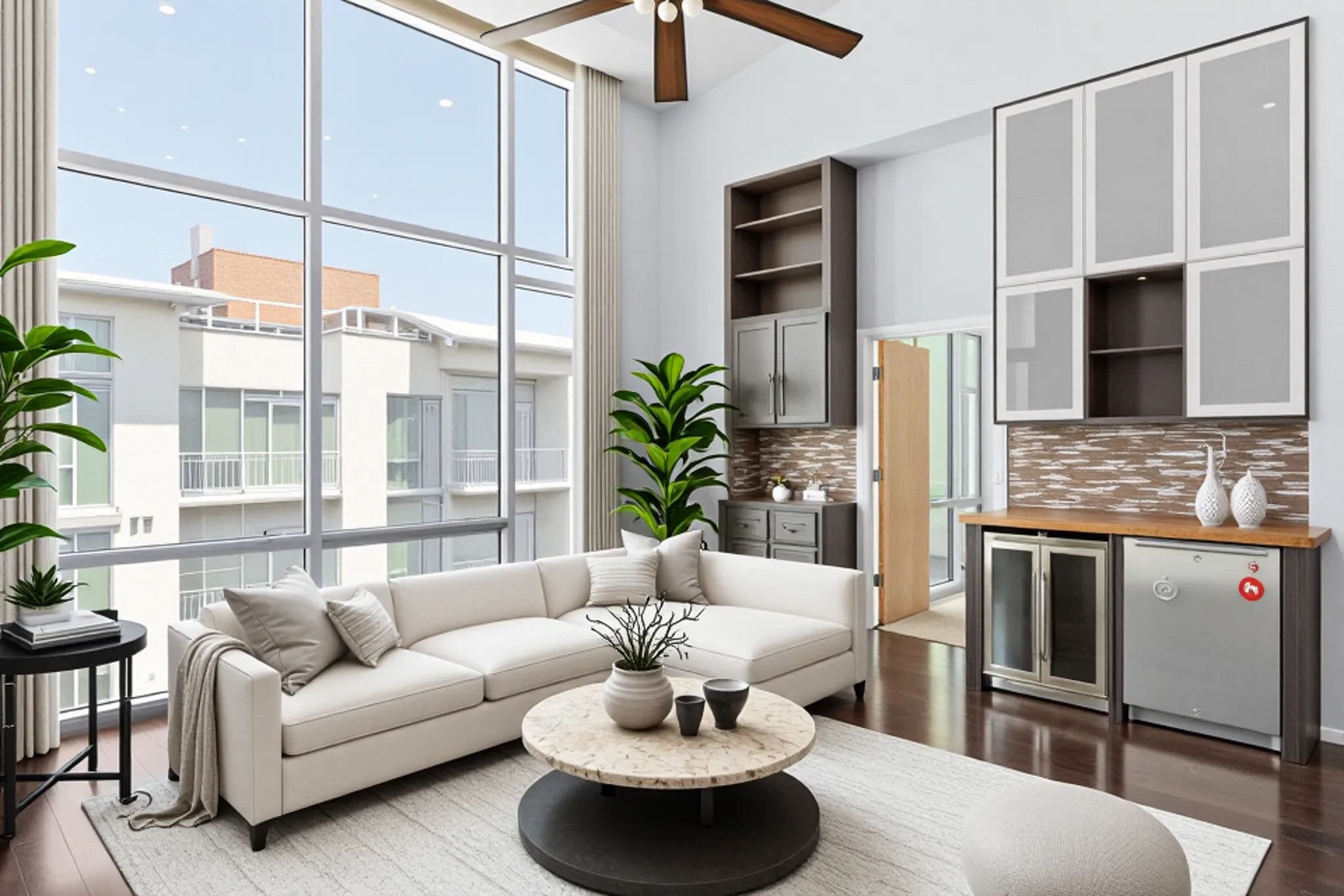 Virtually Staged Living room featuring dark wood-type flooring, beverage cooler, a ceiling fan, and a towering ceiling