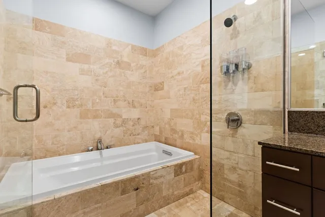 a bathroom with a bathtub and a shower